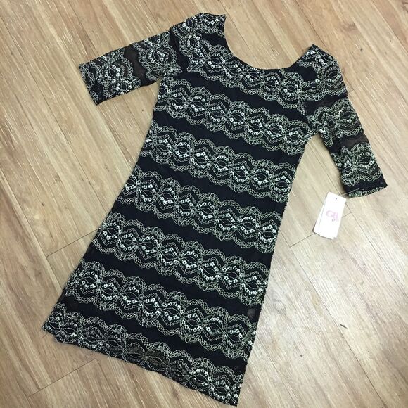 GB Girls Dress Size Large Black Gold Lace Fitted Visible Zip NEW - Picture 4 of 6